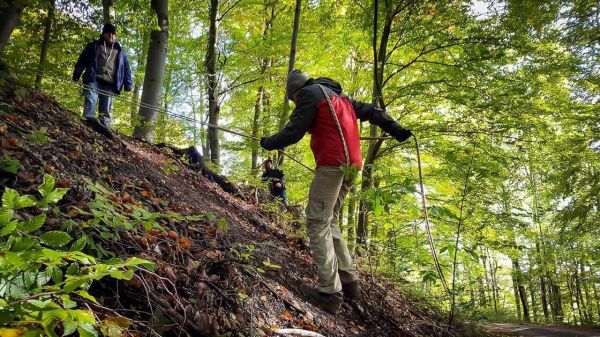 Mann sichert sich mit Seil an einem steilen Hang im Wald