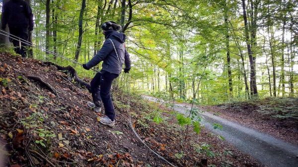 Person sichert sich mit Seil beim Abstieg an einem Hang im Wald
