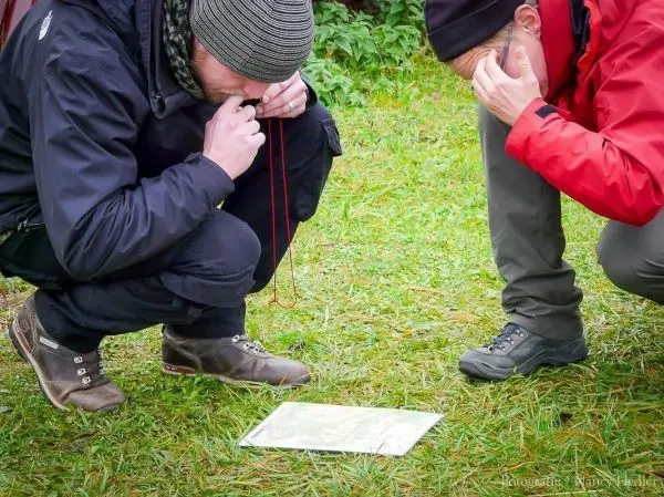 Zwei Personen betrachten eine Karte auf dem Boden im Gras