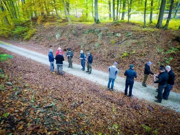Gruppe von Personen steht auf einem Waldweg und diskutiert