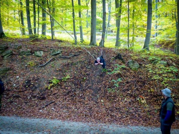 Seilbrücke verbindet zwei Waldabschnitte, eine Person schwingt daran