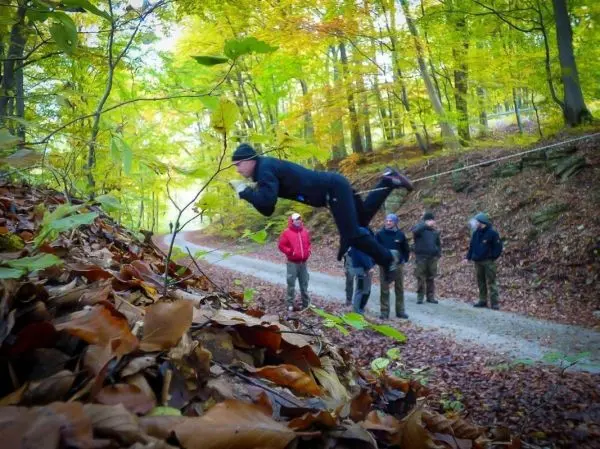 Sprung über einen Laubhaufen in einem Waldgebiet