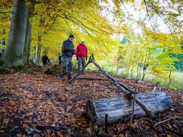 Zwei Personen bauen eine Seilbrücke aus Ästen über einen Baumstamm