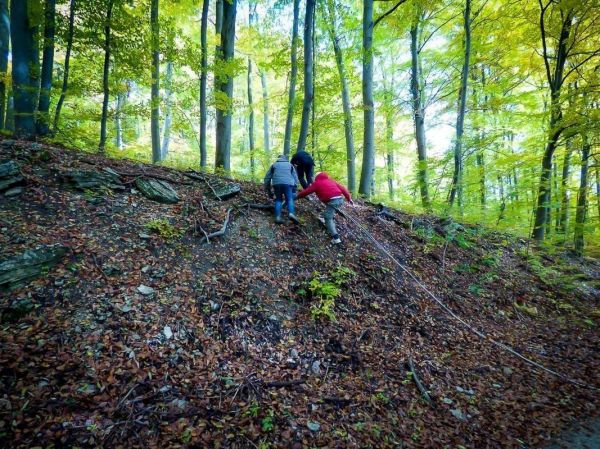 Zwei Personen klettern mit Hilfe eines Seils einen steilen Hang im Wald hinauf