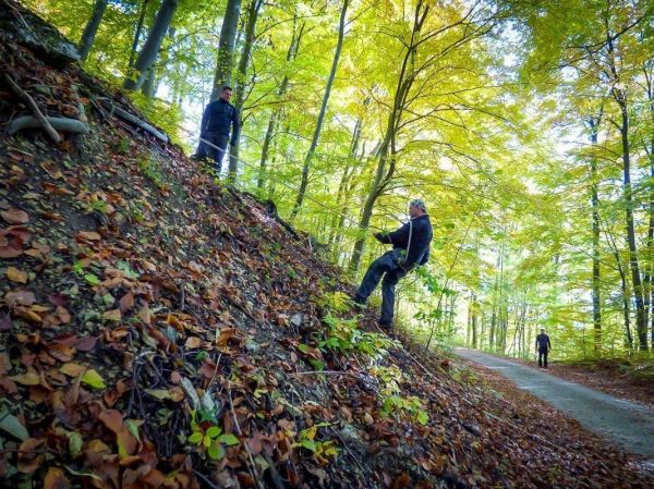 Zwei Personen sichern sich mit Seil an einem steilen Hang im Wald