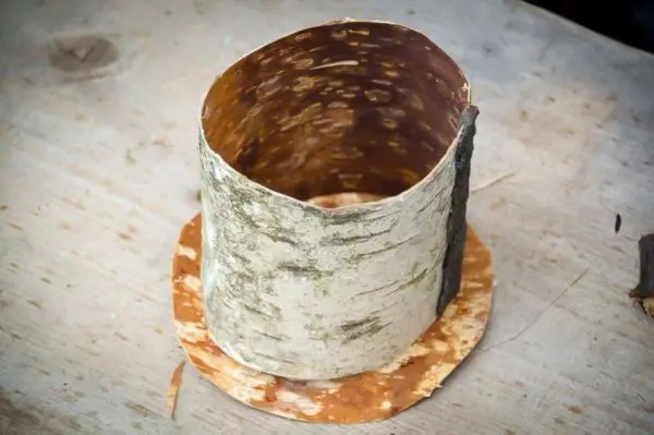 Behälter aus Birkenrinde auf einer Holzoberfläche