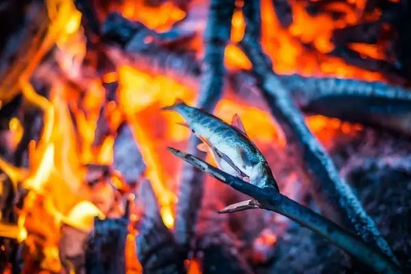 Fisch wird über einem offenen Feuer gegart, Flammen und Glut sichtbar