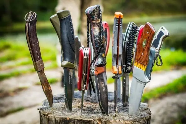 Verschiedene Messer stecken in einem Baumstumpf, unterschiedliche Klingen und Griffe sichtbar