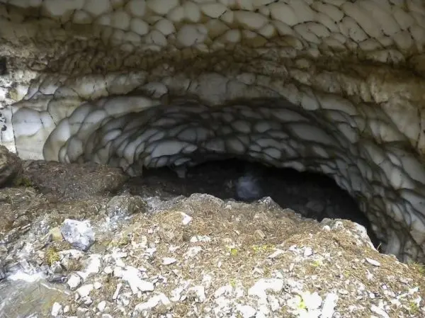 Eingang zu einer Eishöhle mit gefrorenen Wänden und Erdoberfläche