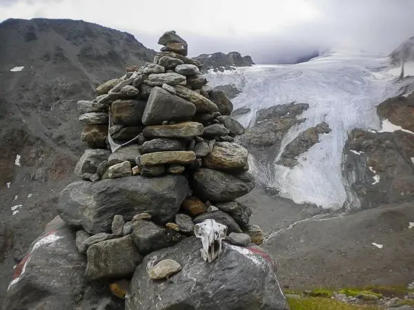 Steinhaufen mit Tierkopf im Vordergrund, Gletscher und Berge im Hintergrund