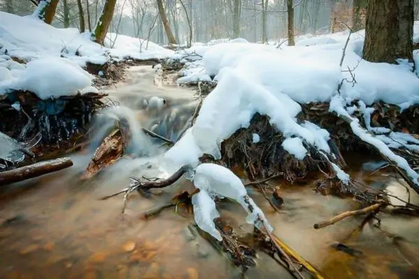 Bach mit fließendem Wasser und Schnee im Wald