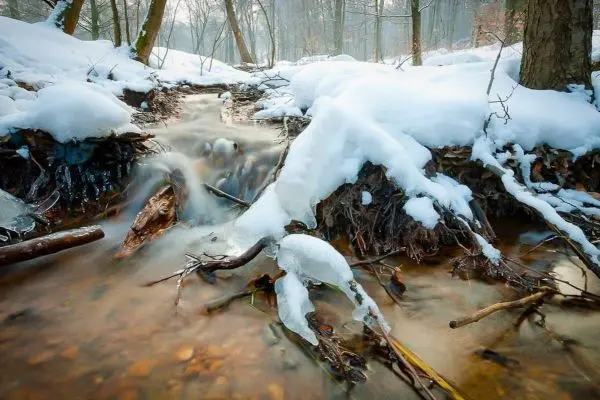 Bach mit fließendem Wasser und Schnee im Wald