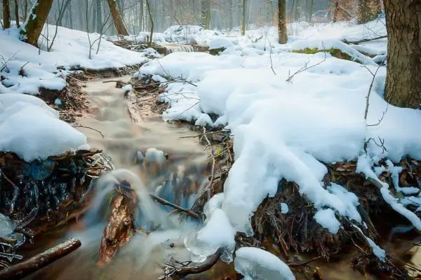 Bach mit fließendem Wasser und Schnee im Wald