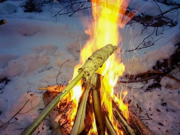 Feuer mit Holzscheiten und einem Stock im Schnee