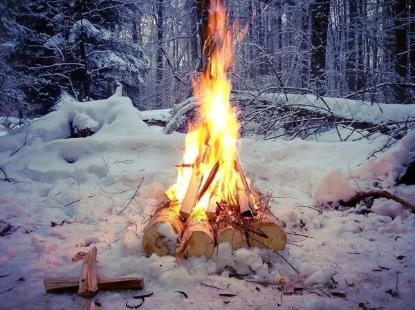 Feuerstelle auf Schnee mit brennendem Holz und Bäumen im Hintergrund