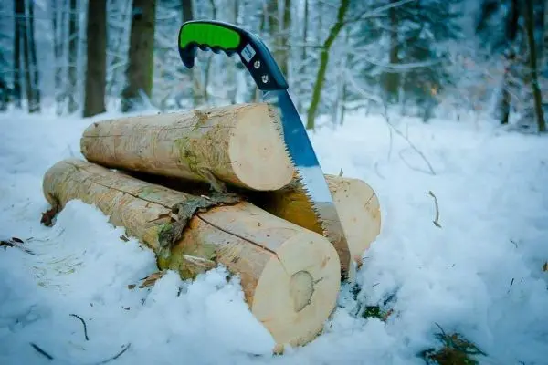Säge auf drei Holzstämmen im Schnee