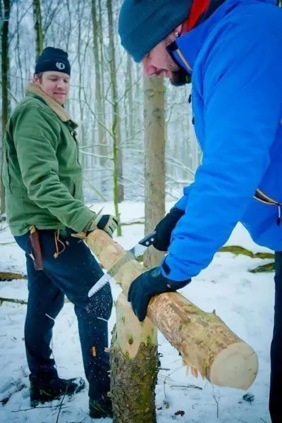 Zwei Personen im Wald, eine schneidet Holz, die andere schaut zu