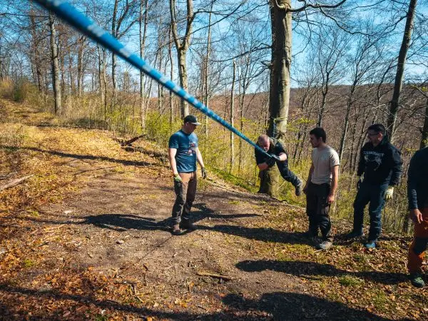 Fünf Personen stehen auf einem Waldweg, eine Person schwingt an einem Seil
