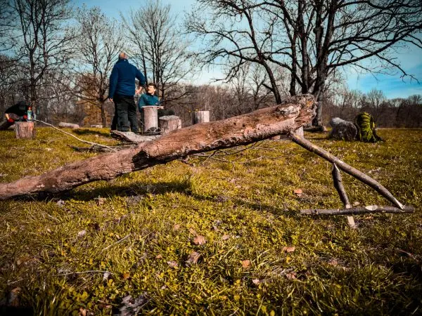 Holzstück mit Kerbe auf dem Boden, zwei Personen im Hintergrund an Baumstümpfen