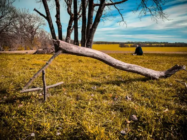 Holzstück mit Kerbe liegt auf dem Boden, im Hintergrund sitzt jemand auf der Wiese