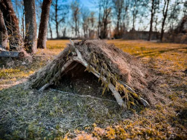 Hütte aus Ästen und Gras in einer Wiese