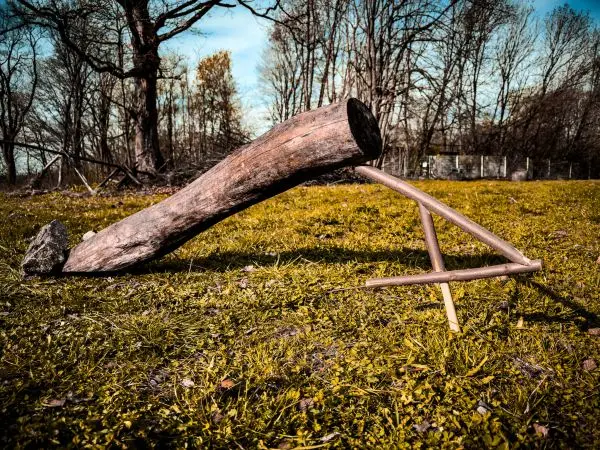 Schlagfalle (Figure-Four/4er-Falle) aus Holzstücken im Gras aufgebaut