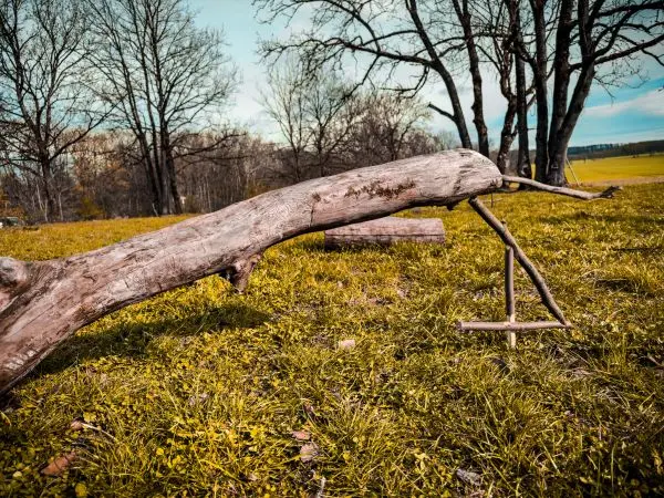 Schlagfalle (Figure-Four) aus Holzstücken im Gras aufgebaut