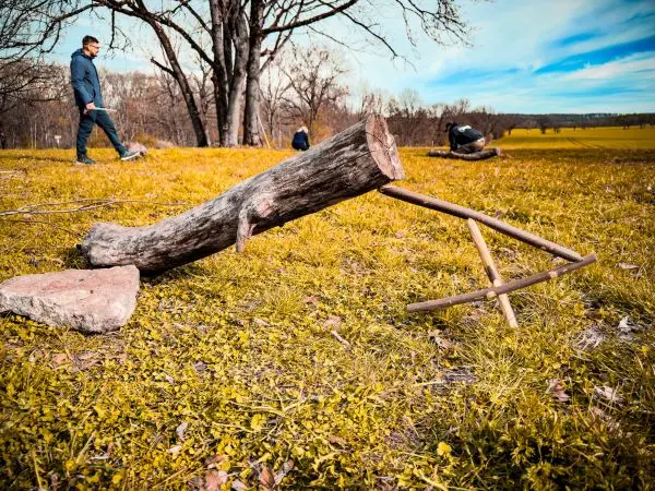 Schlagfalle (Figure-Four) mit Holzstück und Steinen im Gras aufgebaut
