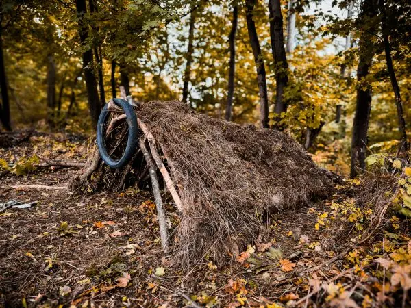 Selbstgebaute Tarp-Notunterkunft aus Ästen und Laub im Wald