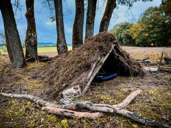 Tarp-Notunterkunft aus Ästen und Gras zwischen Bäumen im Freien
