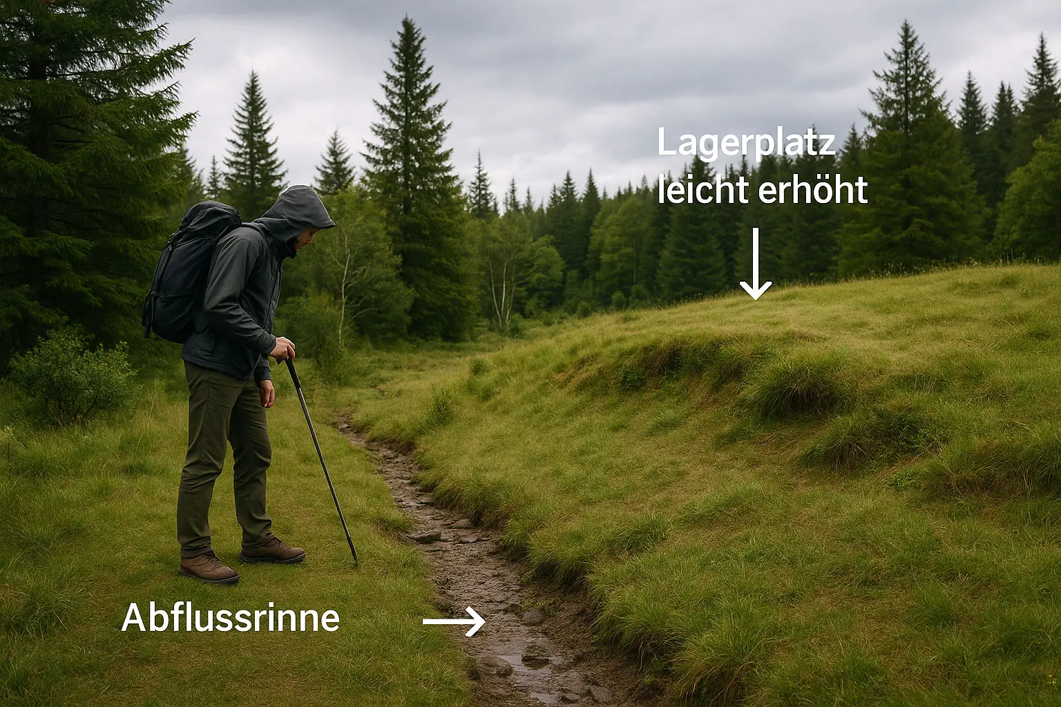 Mann prüft mit Wanderstock die Bodenauflage neben einer flachen Abflussrinne; trockener Lagerplatz leicht erhöht daneben