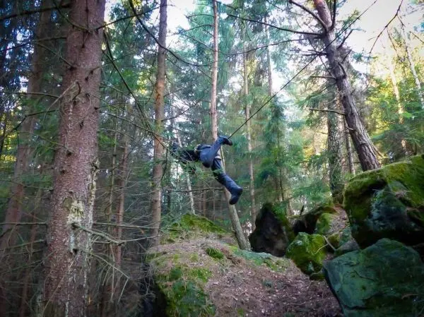 Person schwingt an Seilen zwischen Bäumen im Wald