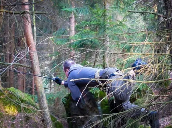Selbstgebaute Seilquerung wird über einen Baumstamm überwunden