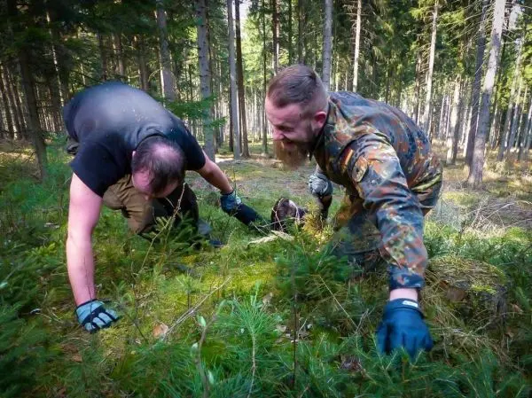 Zwei Personen knien im Wald und durchsuchen den Boden nach etwas