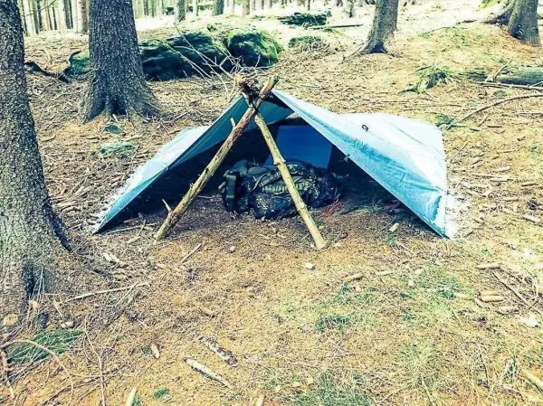 Tarp-Notunterkunft aus Plane und Ästen zwischen Bäumen aufgebaut