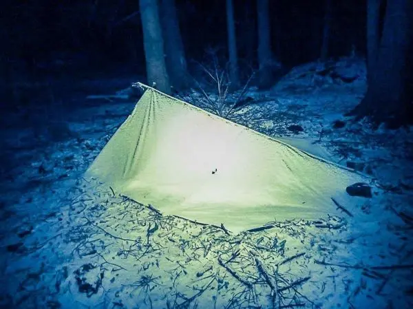 Tarp-Notunterkunft ist zwischen Bäumen im Schnee aufgestellt