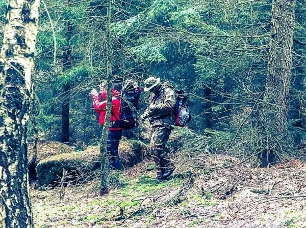 Zwei Personen mit Rucksäcken stehen im Wald zwischen Bäumen und Sträuchern