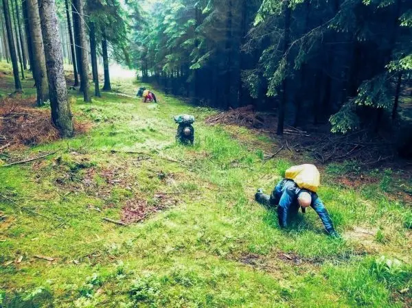 Teilnehmer kriechen durch bewaldetes Gelände mit Rucksäcken