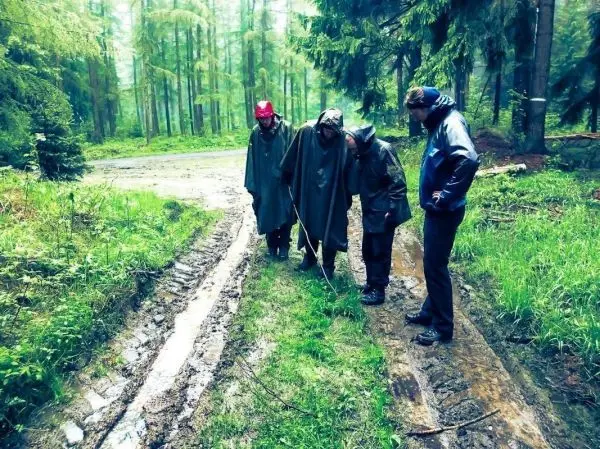 Vier Personen in Regenponchos betrachten den Boden eines matschigen Waldwegs