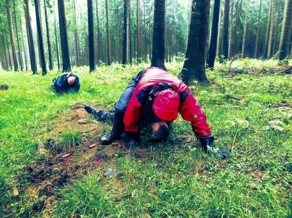 Zwei Personen liegen im Gras eines Waldes, eine Person hilft der anderen