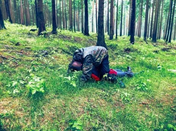 Zwei Personen liegen im Gras eines Waldes, eine Person kniet über der anderen
