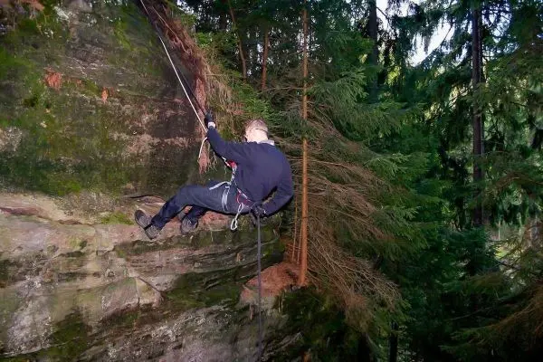 Person seilt an einer Felswand in einem Wald ab