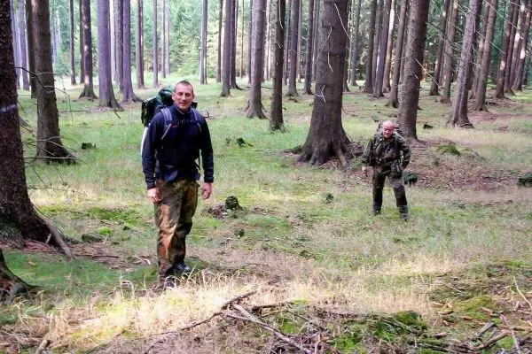 Zwei Personen mit Rucksäcken bewegen sich durch einen bewaldeten Bereich