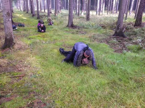 Zwei Personen üben eine Bodentechnik auf Gras im Wald