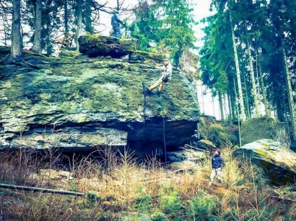 Person klettert an einer Felswand im Wald hoch