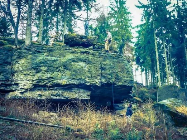 Person steht auf einem Felsen im Wald und schaut nach unten