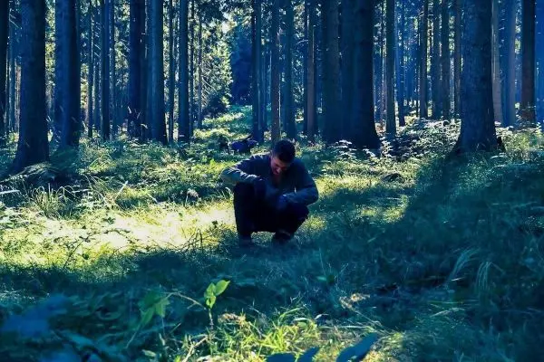 Mann hockt im Wald und untersucht den Boden zwischen hohen Bäumen