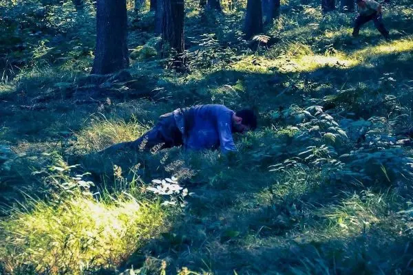 Person kriecht durch hohes Gras im Wald