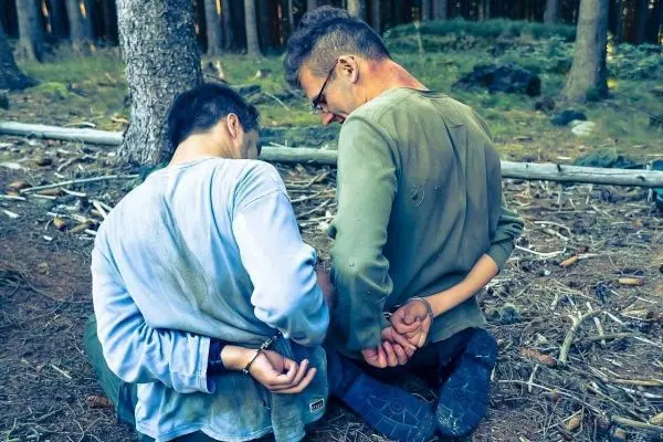 Zwei Personen mit Handschellen sitzen Rücken an Rücken im Wald