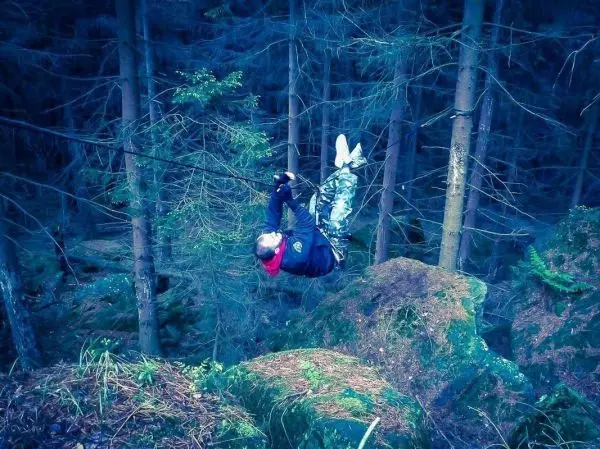 Person schwingt an Seil zwischen Bäumen